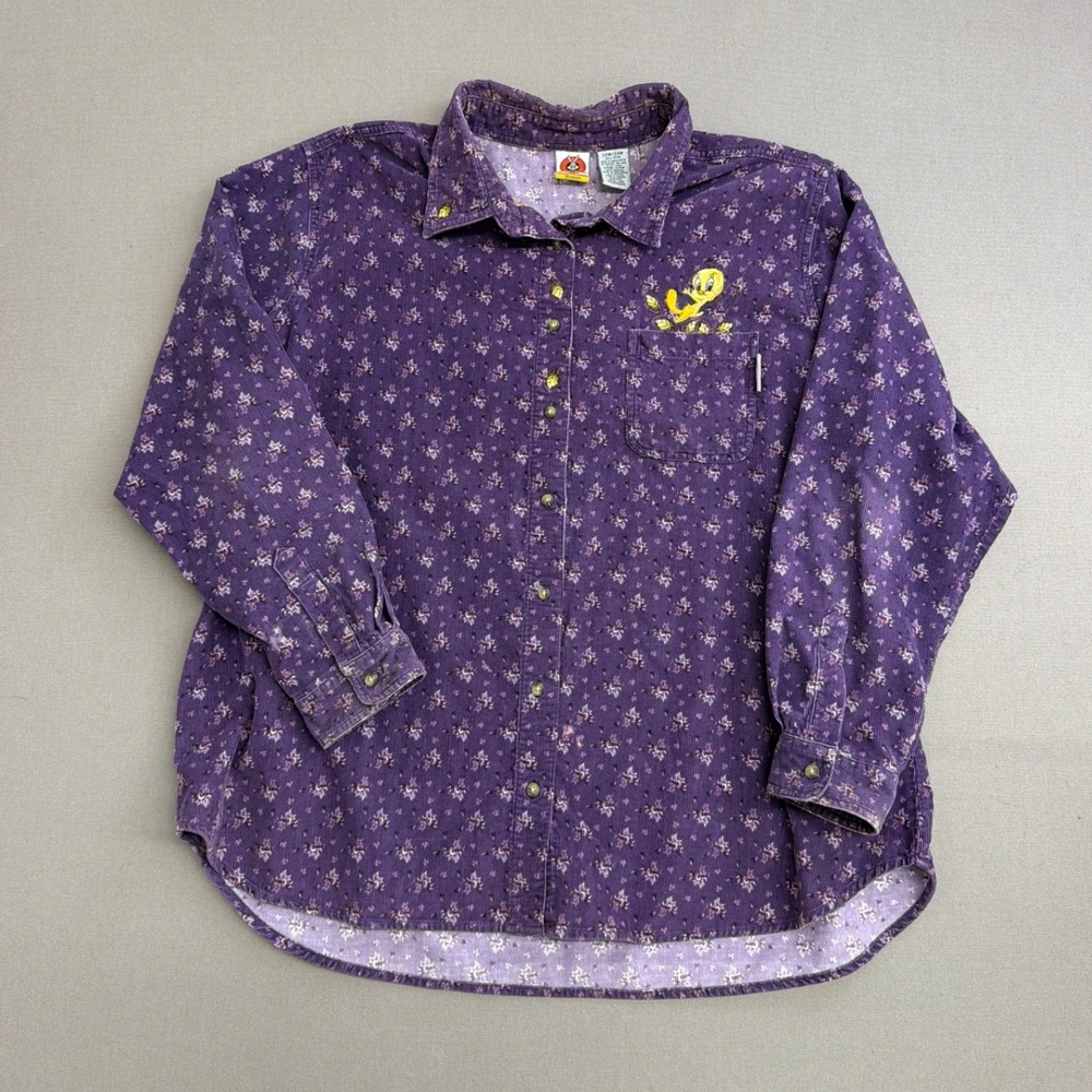 Looney Tunes Tweety Bird Purple Floral Corduroy Button Down Shirt Womens 22W/24W
